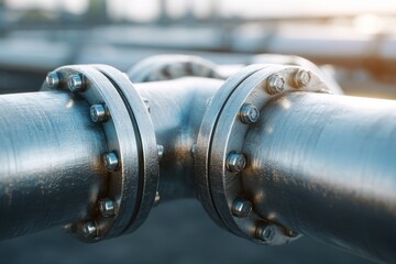 Close-up of hydrogen pipeline metal joint with bolts and flanges