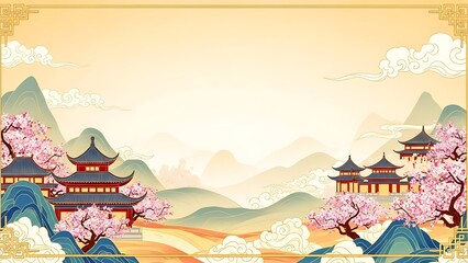 Traditional oriental landscape illustration with temples mountains and cherry blossoms