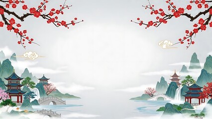 Oriental landscape artwork with vibrant blossoms and architectural elements