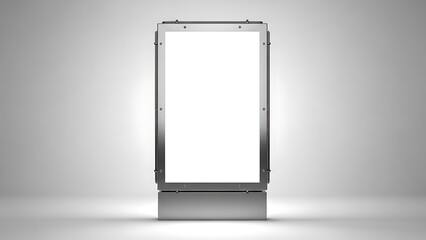 Blank white billboard with metal frame and reflective surface isolated on white background