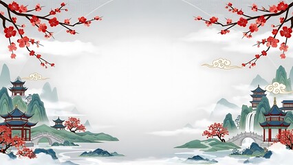Oriental landscape background with blooming cherry blossoms and pagodas