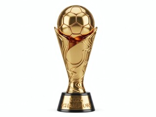 3D Golden Soccer Trophy 2026 World Football Championship Cup Award with Champion Text Isolated on White Background