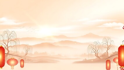 Oriental landscape illustration with lanterns and mountains