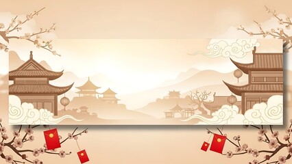 Traditional oriental landscape with temples mountains and blossoming branches