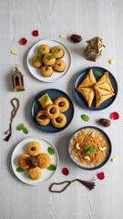 A vibrant flat lay of Middle Eastern sweets, pastries, and homemade cookies, dates, and vermicelli pudding, arranged for festive celebrations