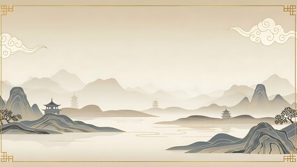 Oriental landscape illustration with mountains temples and traditional clouds design