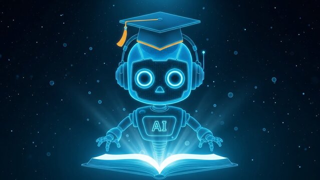 Futuristic digital illustration of a cute robot wearing a graduation cap reading a glowing book with AI elements and a starry night background for educational technology themes