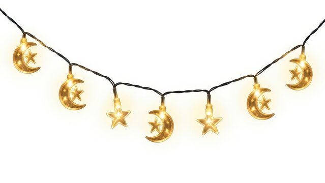 A festive string of golden moon and star lights for eid or ramadan decoration