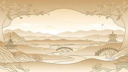 Oriental landscape illustration with pagodas mountains and stylized nature elements
