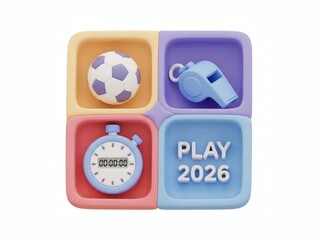 3D Bento Grid Sports Icons Soccer Ball Whistle Stopwatch Play 2026 Text Isolated on White Background