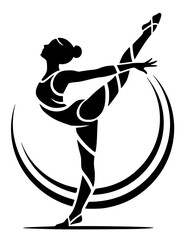 A black and white silhouette design of a female rhythmic gymnast performing a balance