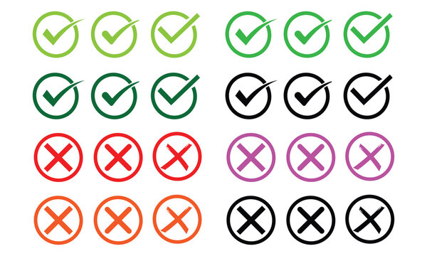 Check mark and cross button vector icon.  Check mark and cross mark in round sign. Correct-wrong, yes-no, right-wrong, accepted rejected, symbol. True false sign. Tick and cross in green red black.