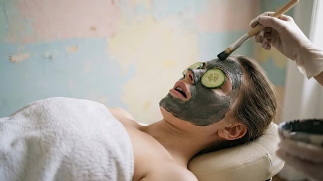 A serene individual enjoys a luxurious facial treatment at a tranquil spa, embodying ultimate relaxation and self-care. The person is seen with a purifying facial mask applied to their skin and refres