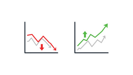 Simple illustration comparing a stock market chart showing decline labeled a versus a successful growth trajectory chart labeled b in finance