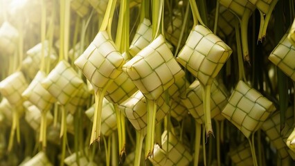 Close-up view of numerous traditional woven rice packets, crafted from fresh palm leaves, suspended and ready for festive celebrations, symbolizing cultural heritage and culinary traditions
