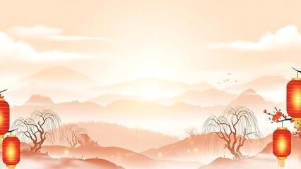 Oriental landscape with lanterns artistic illustration for cultural themes