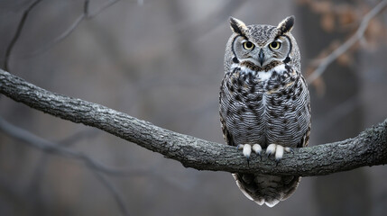 Owl sitting on a tree branch, showcasing wisdom, calm focus, and nocturnal beauty, captured in a natural setting with a serene and mysterious atmosphere