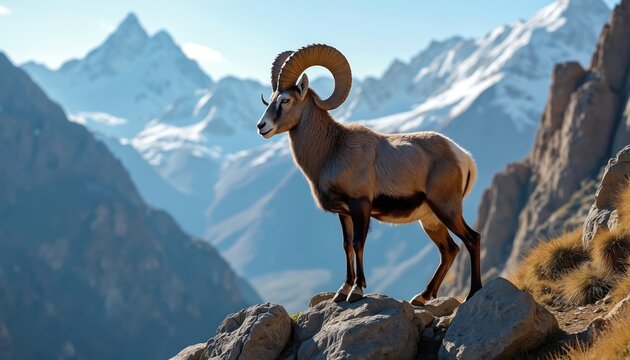 Argali ram stands on rocky mountain ledge. Snowy peaks form background. Wild animal surveys vast mountainous terrain. Blue sky above, dry grass nearby. Majestic creature in its natural habitat.