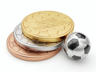 3D Gold Silver Bronze Medals 2026 Soccer Winner Award Football Championship Prizes Isolated on White