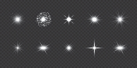 White Glowing Light Burst and Sparkle Effects Collection on Transparent Background, Sparkling magic dust particles, customizable, vector © RabbiHossain