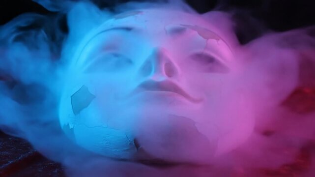 Ancient Mask Cracks And Smokes Under Cyberpunk Lighting