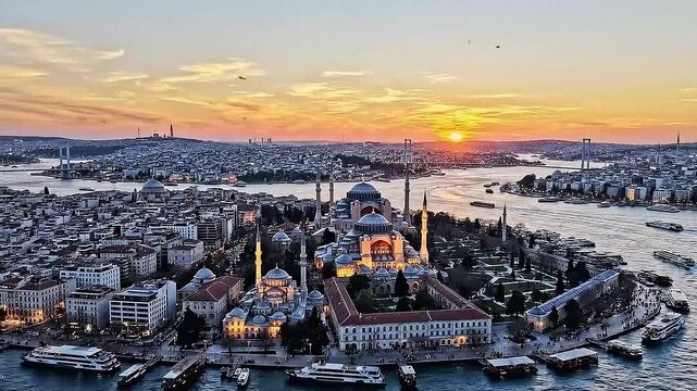 Aerial Panorama of Hagia Sophia and Istanbul Bosphorus at Sunset