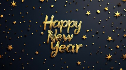 Gold Happy New Year text with festive confetti and star elements