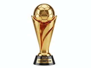 3D Golden Soccer Trophy 2026 World Football Championship Cup Award with Champion Text Isolated on White Background