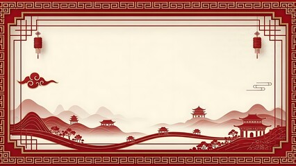Traditional oriental design cultural illustration with lanterns and landscape