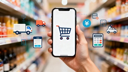 Hand holding smartphone with shopping cart icon in supermarket