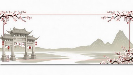 Traditional oriental gate scene with cherry blossoms and mountain landscape