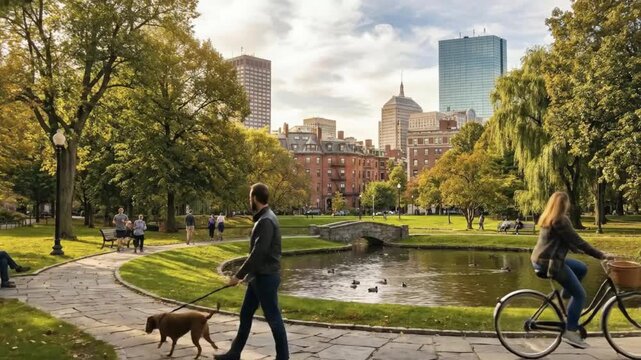 A serene wide-angle view captures a vibrant urban park bustling with everyday life under a partly cloudy sky. People are seen enjoying various leisure activities on a beautiful day, including strollin