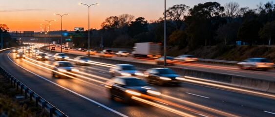 Highway traffic at sunset