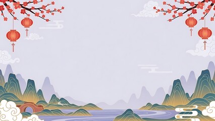 Traditional oriental landscape with red lanterns and blossoming branches