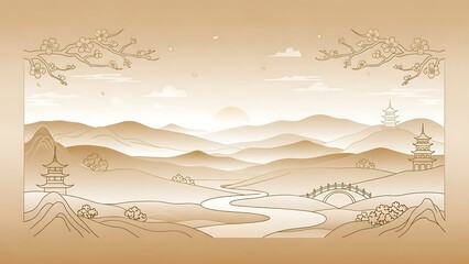 Tranquil landscape illustration with mountains river and pagodas