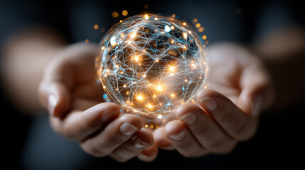 Fototapeta premium Hands cradling luminous AI sphere symbolizing artificial intelligence potential, glowing technology orb, machine learning power, digital innovation representation, future tech capa