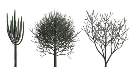 Set of 3 Dead Trees Isolated on White, Barren Winter Concepts