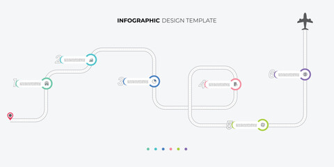 Infographic template for business with pin and plane. 6 Steps Modern Timeline diagram with road journey concept, presentation infographic