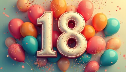 Obraz premium Number 18 formed by big foil balloons. Colorful inflated spheres float around, confetti sprinkles create festive mood. Celebrate special milestone, birthday party, or anniversary event.