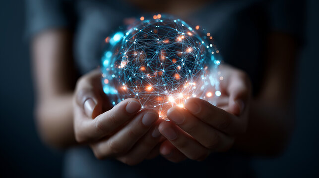 Hands cradling luminous AI sphere symbolizing artificial intelligence potential, glowing technology orb, machine learning power, digital innovation representation, future tech capa