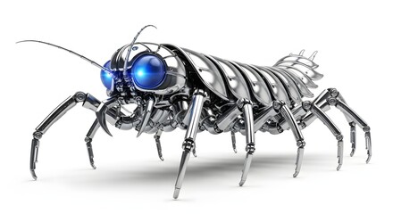 Fototapeta premium Detailed metallic insect robot with bright blue eyes isolated on white background