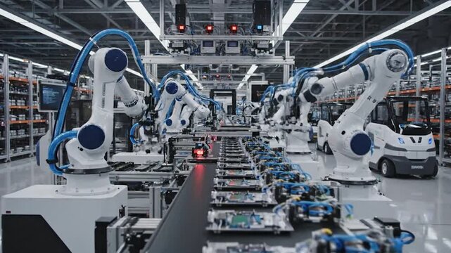 Automated factory production line with robotic arms assembling circuit boards, clean environment