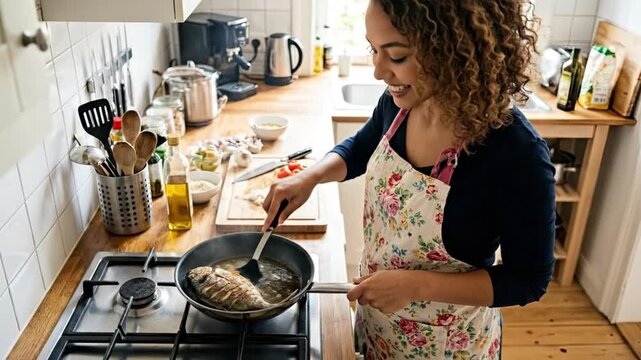 A smiling, attractive woman with curly hair is happily engaged in preparing a meal, carefully cooking a whole fish in a frying pan on a modern gas stovetop. She wears a charming floral apron, signifyi