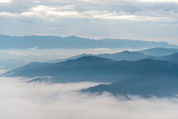 Morning sunlight mountain views and fog.
