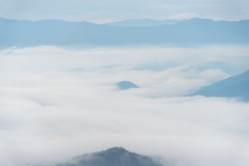 Morning sunlight mountain views and fog.