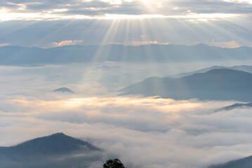 Morning sunlight mountain views and fog.