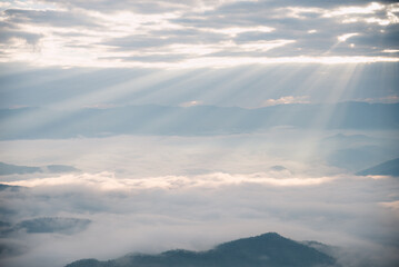 Morning sunlight mountain views and fog.