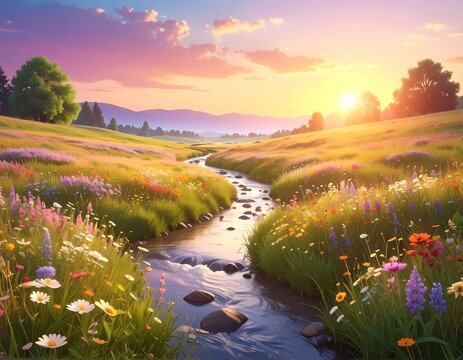 A picturesque meadow scene featuring a flowing stream at sunset - Powered by Adobe