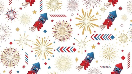 A seamless repeating pattern featuring stylized cartoon firecrackers, festive bursts, and geometric motifs in bold red, blue, and gold — perfect for wrapping paper and banners
