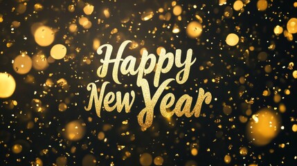 Happy New Year text in golden elegant font with sparkly glitter